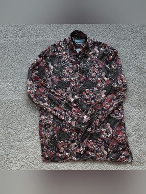 Zara Navy Button-Up Shirt with Red & Pink Floral Print